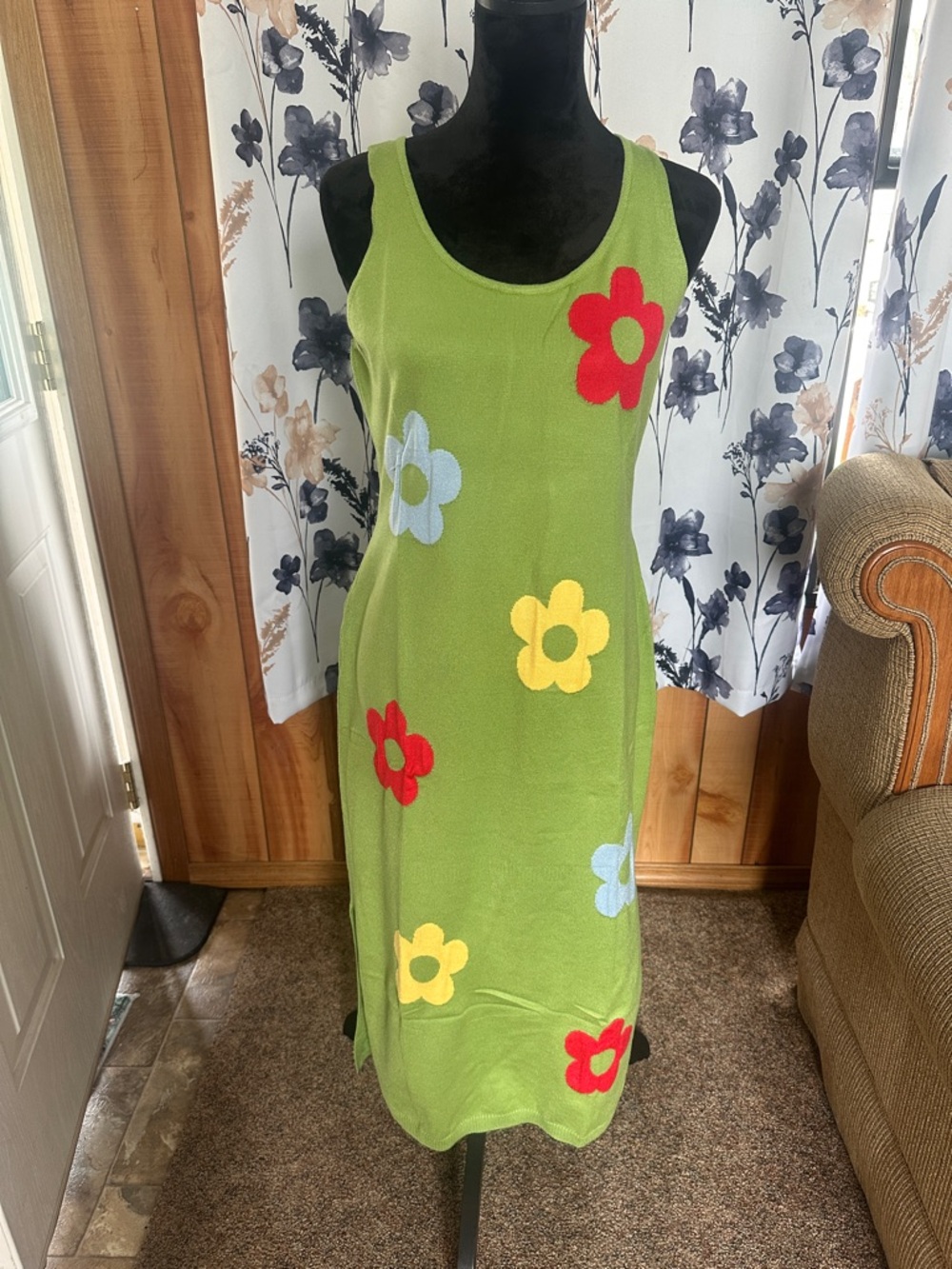 Green Floral Knit Tank Dress with Colorful Flowers